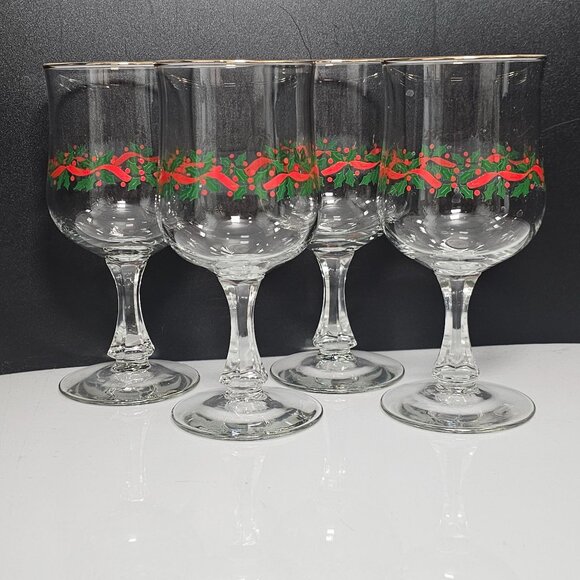 4 Libbey Holly Ribbons Wine Glasses 6.5" Christmas water goblets vintage 8oz - Picture 2 of 7